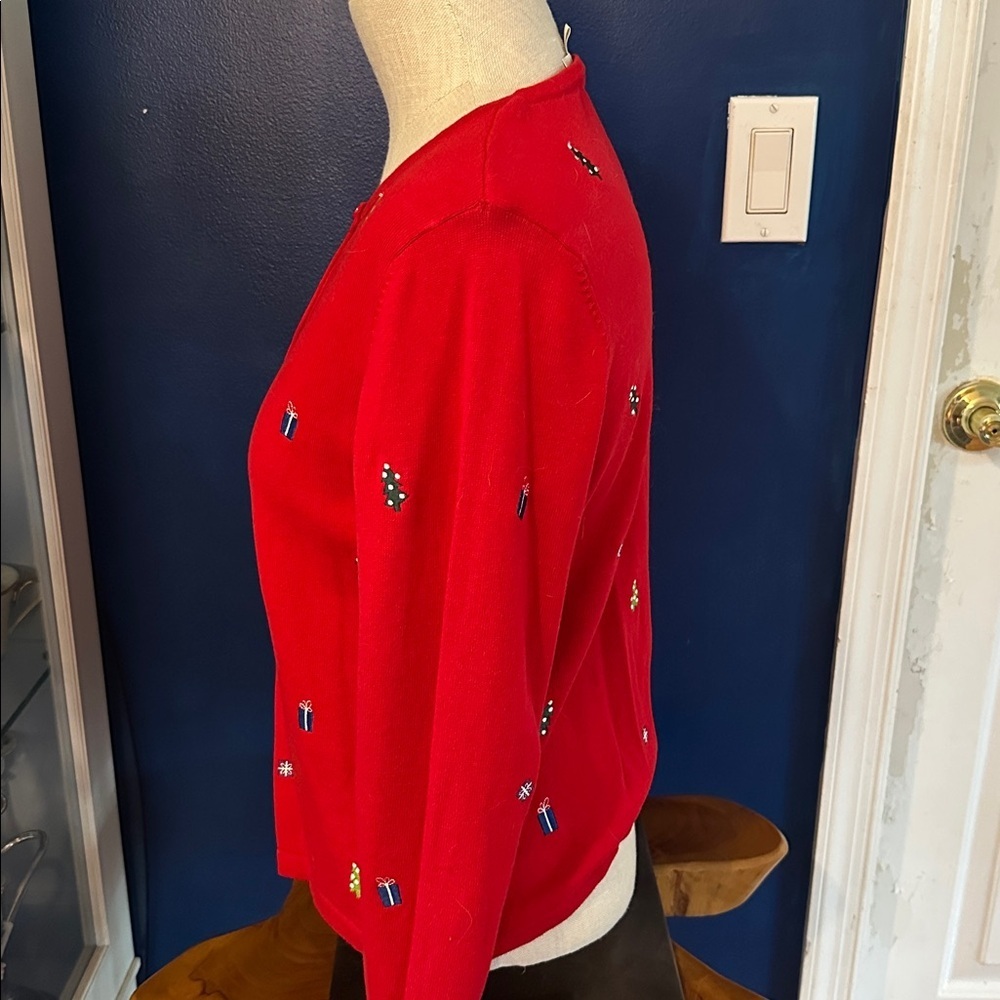 Vintage Christopher Banks Red Christmas Present Cardigan Cotton Sweater Size M - Picture 4 of 8